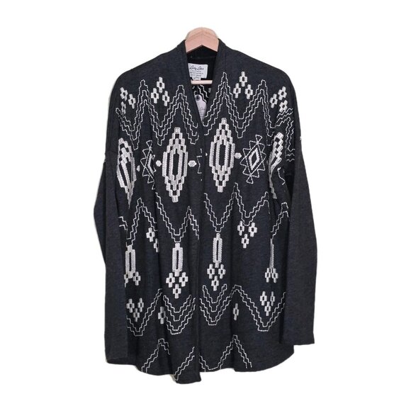 Lucky Lotus Sweaters - Lucky Lotus Aztec Tribal Embroidered Cardigan Women M Gray Cotton Boho Lagenlook